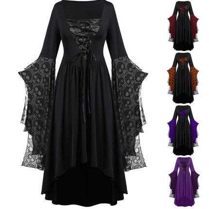 Womens Gothic Skull Lace Square Neck Halloween Dress in black with lace bell sleeves, perfect for Halloween celebrations.
