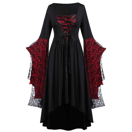 Womens Gothic Skull Lace Square Neck Halloween Dress with red lace sleeves and black fabric