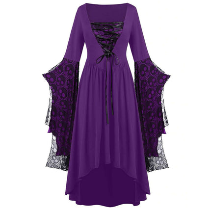 Womens Gothic Skull Lace Square Neck Halloween Dress with purple fabric and lace sleeves.