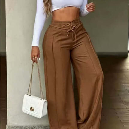 Women's High Waist Wide Leg Drawstring Multi Pocket Pants paired with a white crop top and stylish handbag.