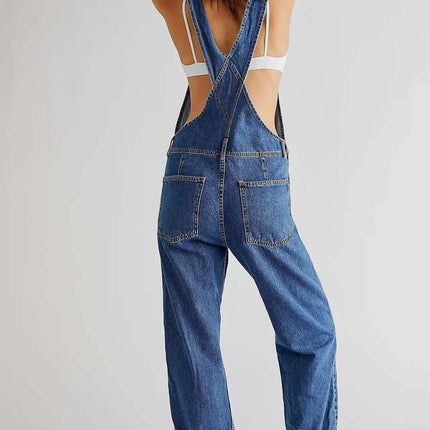 Womens High Waisted Jumpsuit Overalls With Pockets, back view, casual denim style with adjustable straps.