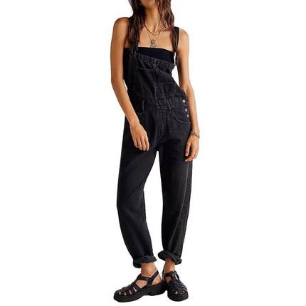 Womens High Waisted Jumpsuit Overalls With Pockets in black, featuring a sleeveless design and relaxed fit.