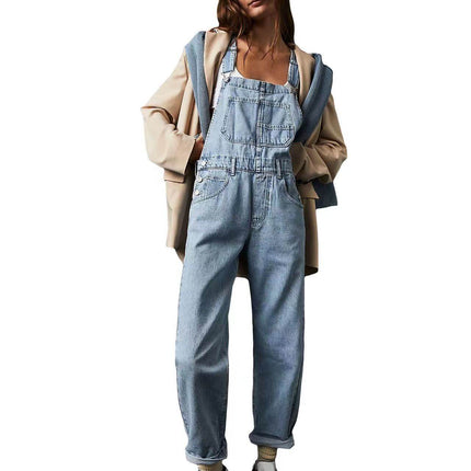 Womens High Waisted Jumpsuit Overalls With Pockets in light blue denim, styled with a beige jacket.