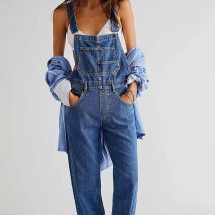 Womens High Waisted Jumpsuit Overalls With Pockets featuring a model in a denim design with a stylish top.