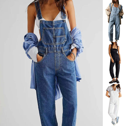 Womens High Waisted Jumpsuit Overalls With Pockets in denim, featuring a relaxed fit with pockets and stylish layering.