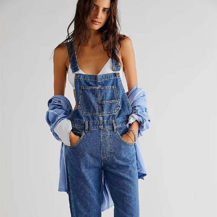 Womens High Waisted Jumpsuit Overalls With Pockets in blue denim, styled with a white shirt and relaxed fit.