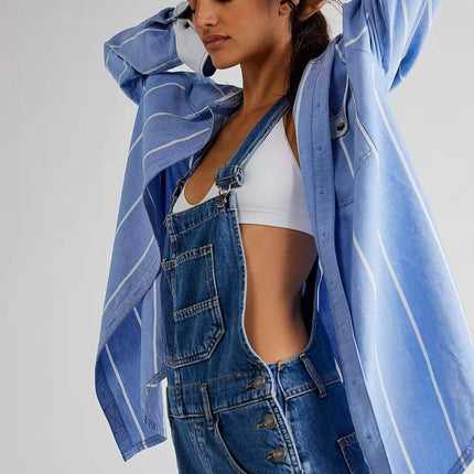Model wearing Womens High Waisted Jumpsuit Overalls With Pockets styled with a striped blue shirt.