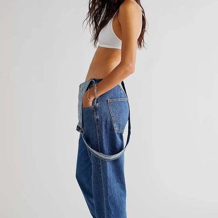 Womens High Waisted Jumpsuit Overalls With Pockets in denim, styled for a trendy casual look.