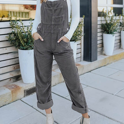 Womens High Waisted Jumpsuit Overalls With Pockets, stylish gray outfit with pockets, model standing outdoors.