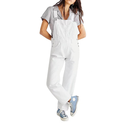 Womens High Waisted Jumpsuit Overalls With Pockets in white, paired with a casual shirt and sneakers.