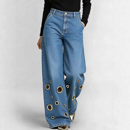 Womens High-waisted Loose-fit Denim Jeans With Cutout Design featuring round cutouts and a stylish loose fit.