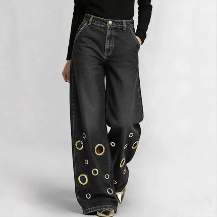 Womens High-waisted Loose-fit Denim Jeans With Cutout Design featuring unique circular cutouts and relaxed fit.