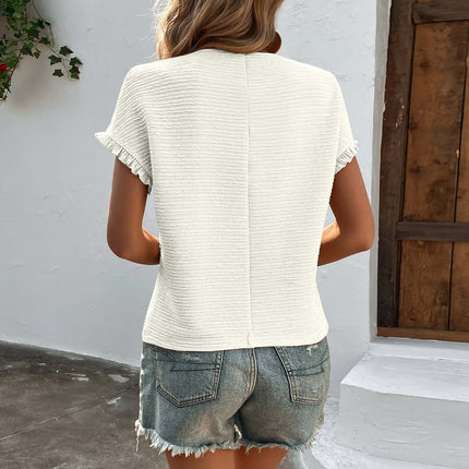 Women's Knitwear Casual Top Round Neck T-shirt in soft white color, styled with casual denim shorts.