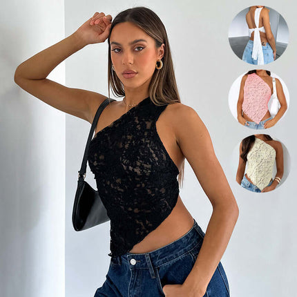 Womens Lace Backless Asymmetrical Sloped Neck Tank Top Elegant Lace Detail