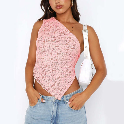 Womens Lace Backless Asymmetrical Sloped Neck Tank Top Stylish Backless Design