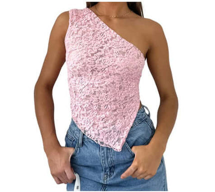 Womens Lace Backless Asymmetrical Sloped Neck Tank Top Chic Summer Wardrobe Essential