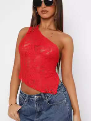 Womens Lace Backless Asymmetrical Sloped Neck Tank Top Fashion Forward Look