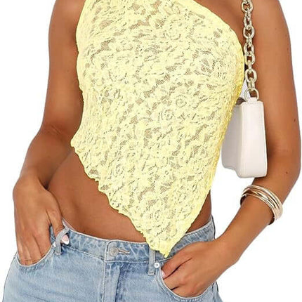 Womens Lace Backless Asymmetrical Sloped Neck Tank Top Sophisticated Casual Style