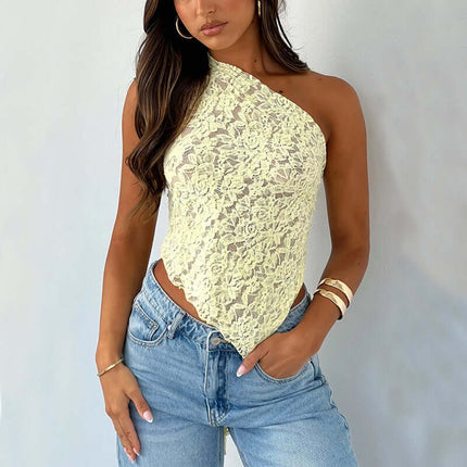 Womens Lace Backless Asymmetrical Sloped Neck Tank Top Feminine Fashion Design
