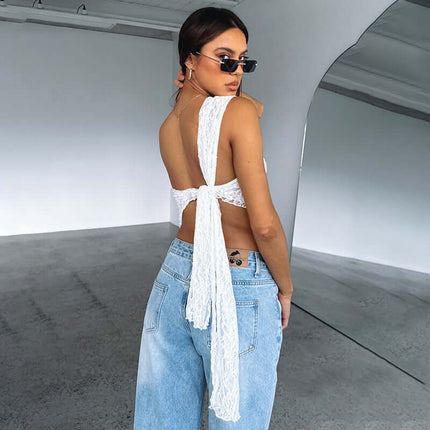Womens Lace Backless Asymmetrical Sloped Neck Tank Top Trendy Sleeveless Design