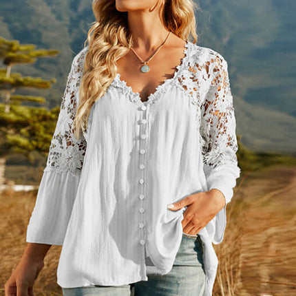 Women’s Lace Crochet Deep V-Neck Blouse Elegant Stylish Fit sleeve detail