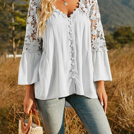 Women’s Lace Crochet Deep V-Neck Blouse Elegant Stylish Fit front view