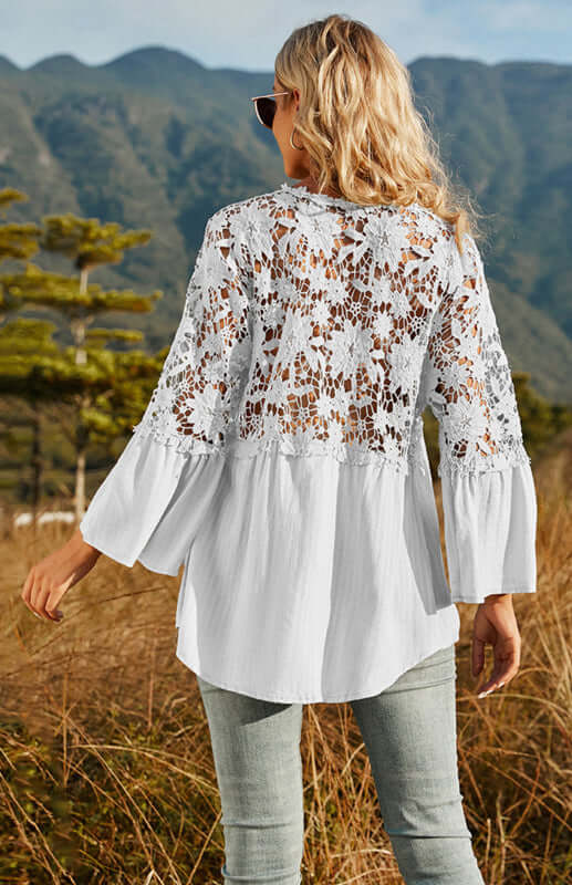 Women’s Lace Crochet Deep V-Neck Blouse Elegant Stylish Fit lace neckline