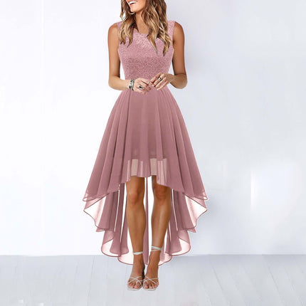 Womens Lace Patchwork Chiffon High Low Swing Dress Feminine Swing Silhouette