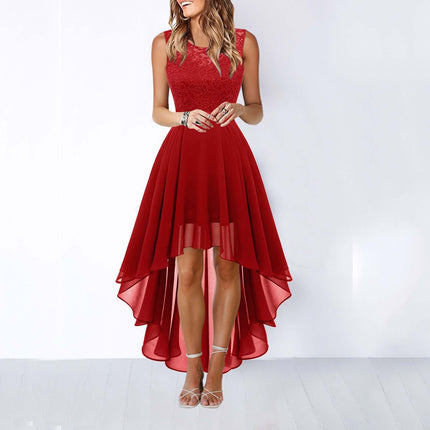 Womens Lace Patchwork Chiffon High Low Swing Dress Sophisticated Women's Dress