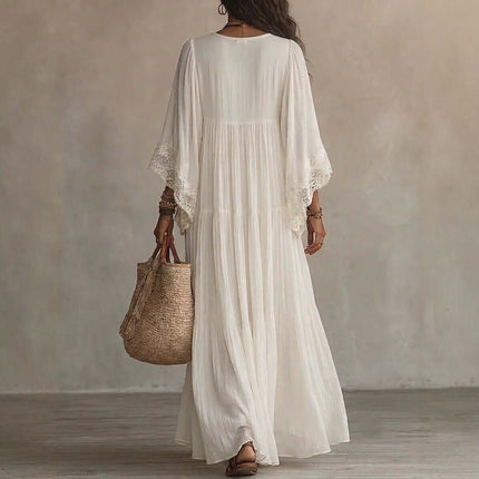 Womens Lace Trim V Neck Flowy Maxi Dress in white with lace details and flowing silhouette, perfect for summer outings.