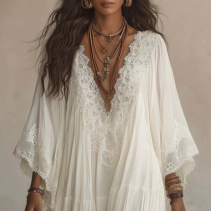 Womens Lace Trim V Neck Flowy Maxi Dress featuring lace detailing and bohemian accessories.