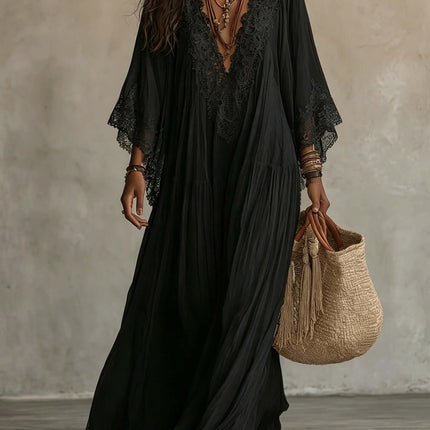 Womens Lace Trim V Neck Flowy Maxi Dress in black with lace details and bohemian accessories, featuring a relaxed fit and long sleeves.