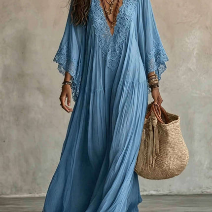 Womens Lace Trim V Neck Flowy Maxi Dress in blue with lace detailing and flowy design, perfect for summer outings.