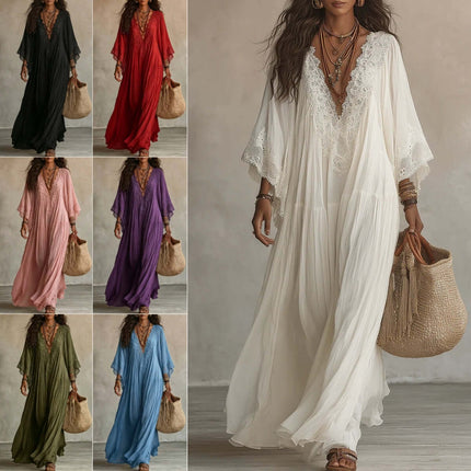 Womens Lace Trim V Neck Flowy Maxi Dress displayed in various colors with a model wearing the white dress and carrying a straw bag.