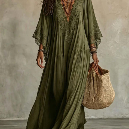 Womens Lace Trim V Neck Flowy Maxi Dress in olive green with lace detailing and flowy silhouette, styled with accessories and a bag.