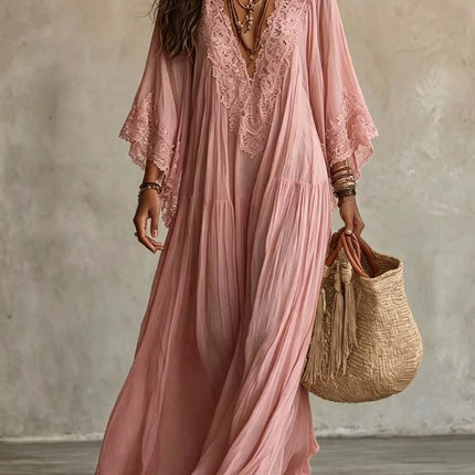 Womens Lace Trim V Neck Flowy Maxi Dress in soft pink with lace detailing, perfect for summer events and casual outings.