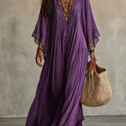 Womens Lace Trim V Neck Flowy Maxi Dress in purple with lace details and flowing design, styled with accessories and a bag.