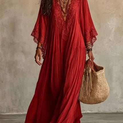 Womens Lace Trim V Neck Flowy Maxi Dress in red, featuring lace details and a boho style, perfect for summer outings.