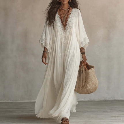 Womens Lace Trim V Neck Flowy Maxi Dress worn by a model with a bag, showcasing a bohemian style and elegance.
