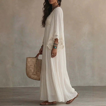 Womens Lace Trim V Neck Flowy Maxi Dress worn by a woman with a bag.