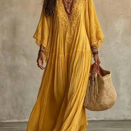 Womens Lace Trim V Neck Flowy Maxi Dress in yellow with intricate lace details and long sleeves, paired with a stylish woven bag.