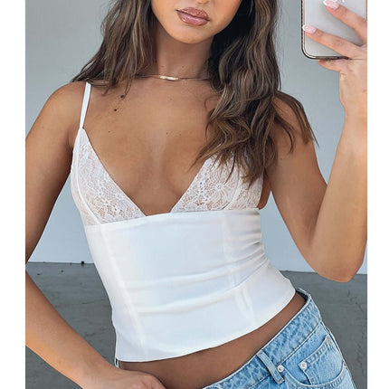 Women's Lace V-Neck Camisole Vest premium detailed lace patterns displayed over structured front profile