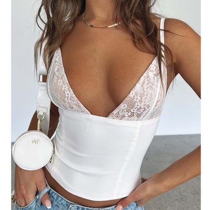 Women's Lace V-Neck Camisole Vest elegant classic white color fabric option layout
