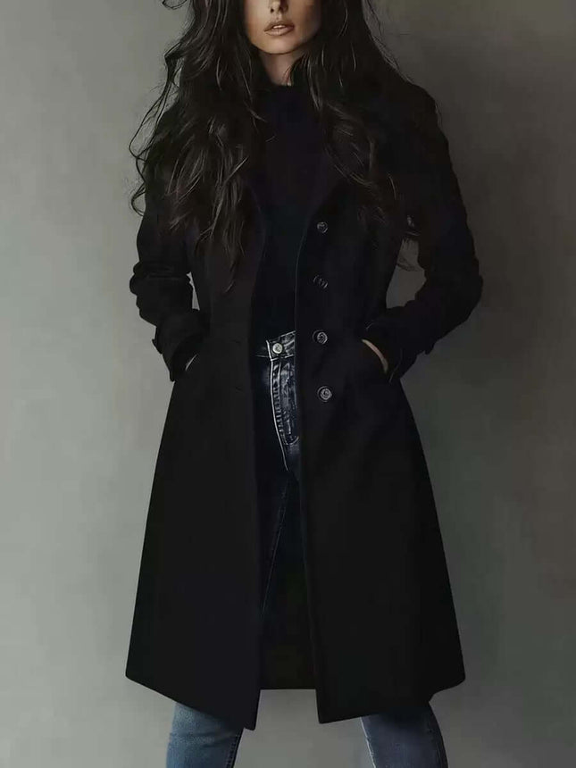 Women's Long Trench Coat Casual Loose Fit Outerwear worn with jeans, featuring a stylish black design and a relaxed fit.