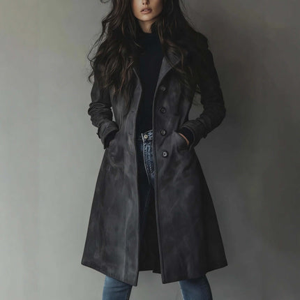 Women's Long Trench Coat Casual Loose Fit Outerwear in stylish ebony color with a classic design and relaxed fit.