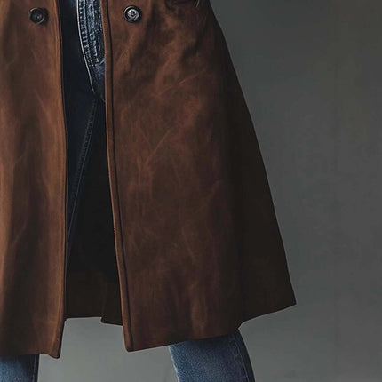 Women's Long Trench Coat Casual Loose Fit Outerwear in brown, paired with blue jeans, showcasing a stylish casual look.