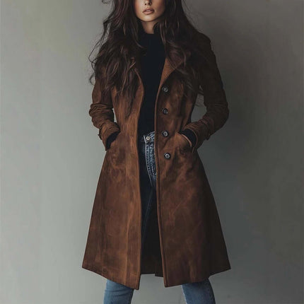 Women's Long Trench Coat Casual Loose Fit Outerwear displayed on a model with long hair, showcasing a stylish brown coat.