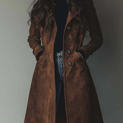 Women's Long Trench Coat Casual Loose Fit Outerwear in brown, featuring a stylish design and comfortable fit.