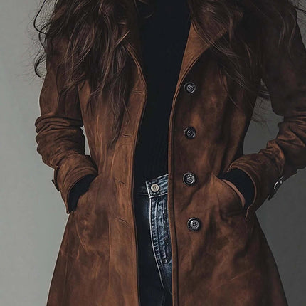 Women's Long Trench Coat Casual Loose Fit Outerwear in brown with buttons and a stylish design.