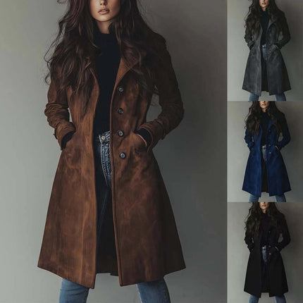 Women's Long Trench Coat Casual Loose Fit Outerwear in brown, navy, gray, and black displayed on a model.